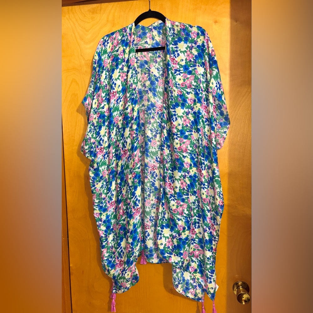 Floral Print Light Weight Spring/Summer Poncho in Blue, Pink & Green